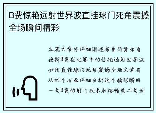 B费惊艳远射世界波直挂球门死角震撼全场瞬间精彩